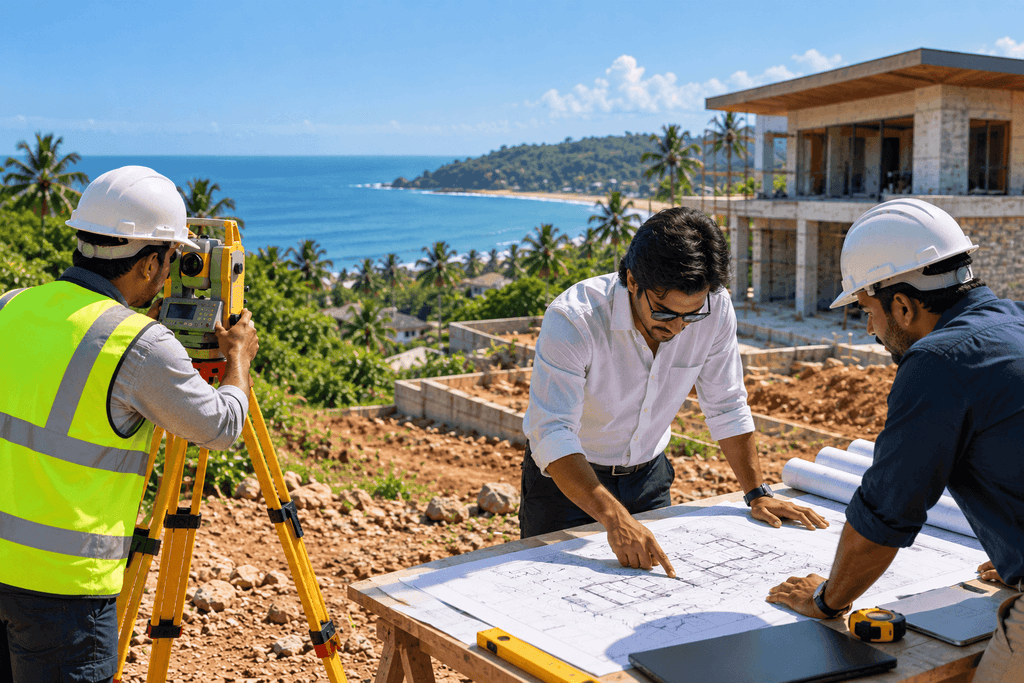 Engineers reviewing site survey plans to help building construction companies in Sri Lanka prepare accurate building designs.