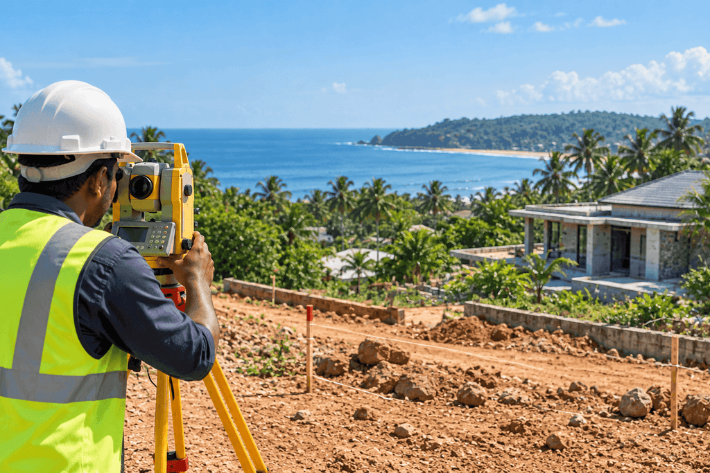 Land surveyor using surveying equipment to measure a coastal plot for building construction companies in Sri Lanka.