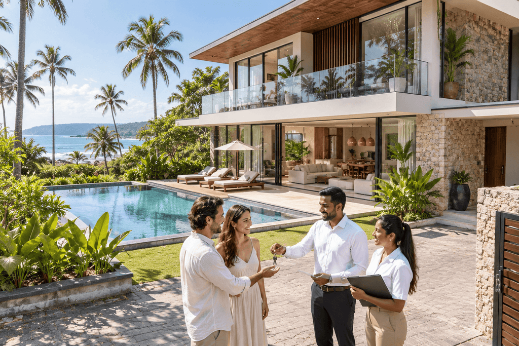 Construction company representatives handing over the keys to a completed luxury villa in Sri Lanka.