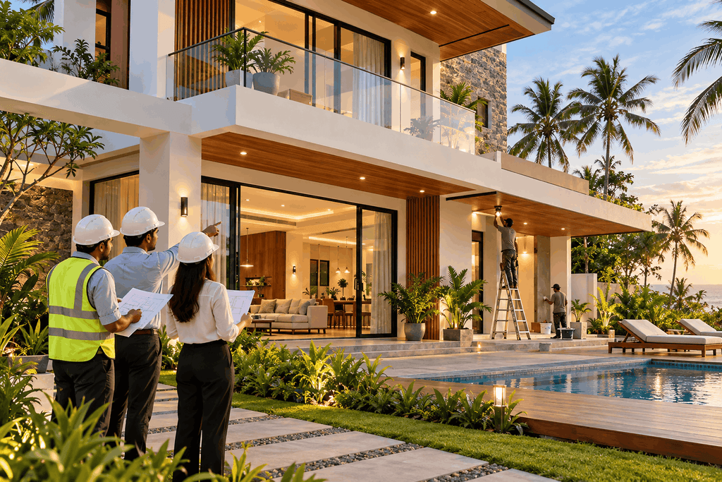 Building construction companies in Sri Lanka completing a luxury villa, featuring modern architectural finishes, landscaped gardens, a swimming pool, and final quality inspections before handover.