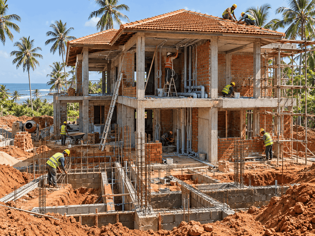 Building construction companies in Sri Lanka carrying out residential construction work, including foundation development, brick masonry, structural engineering, roofing, and plumbing installations.