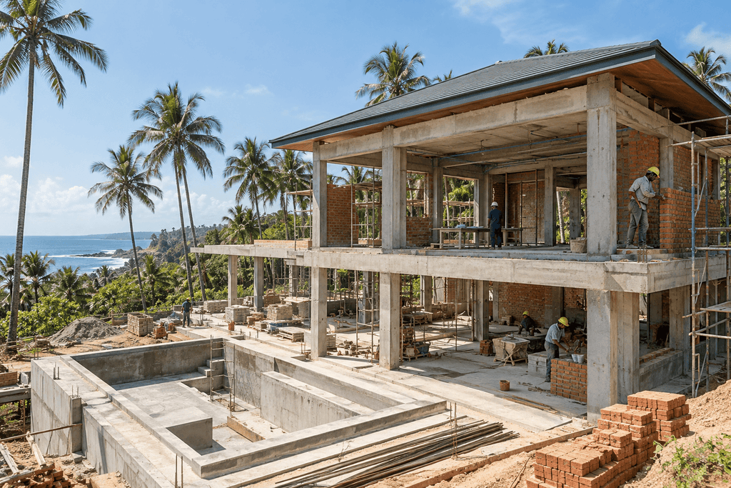 Luxury villa under construction in Sri Lanka, with workers completing structural, masonry and roofing work.