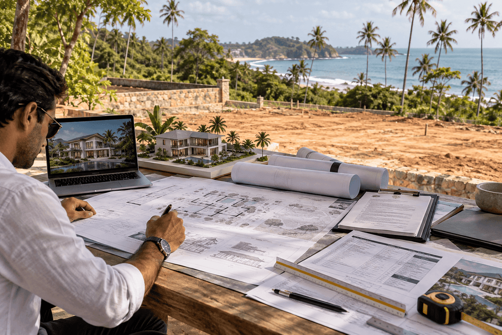 Construction company representatives handing over the keys to a completed luxury villa in Sri Lanka.