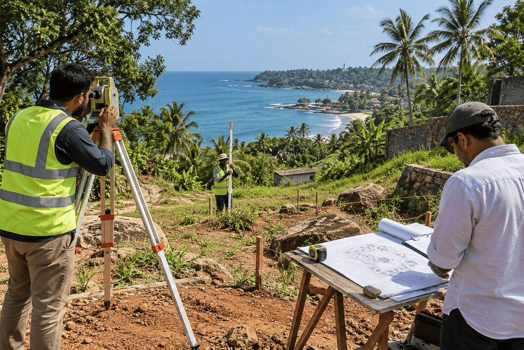 Site survey conducted by building construction companies in Sri Lanka to assess land boundaries and ground conditions before construction.