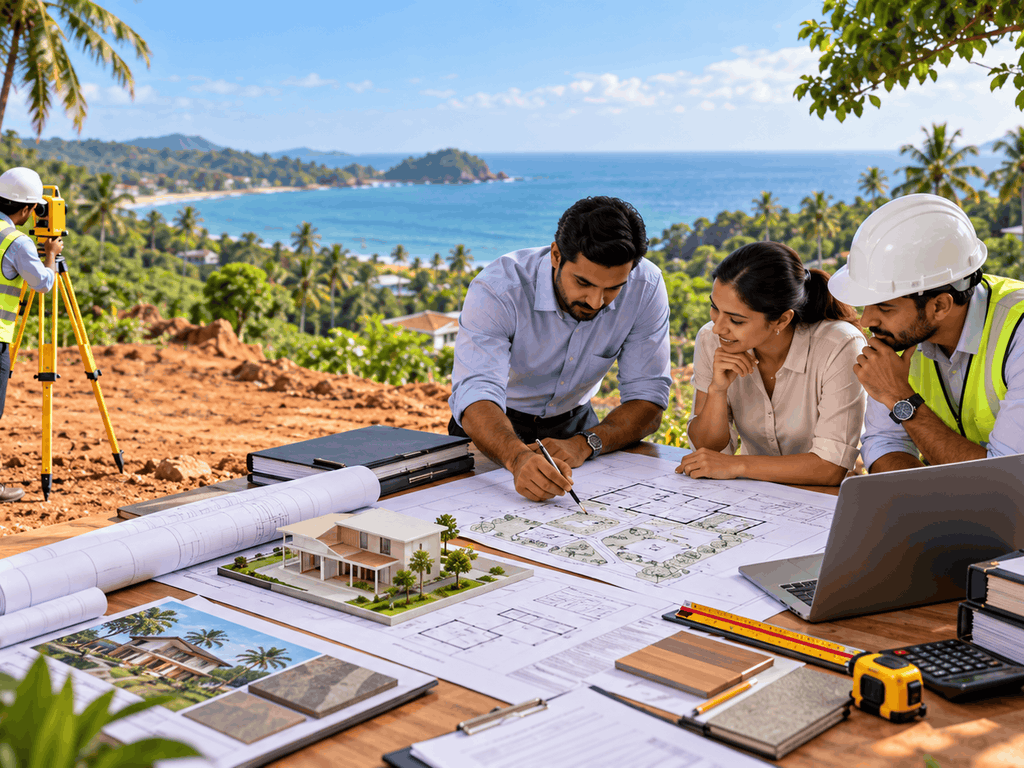 Planning and design stages undertaken by building construction companies in Sri Lanka, featuring architects reviewing house plans, engineers discussing designs, and surveyors evaluating land before construction.